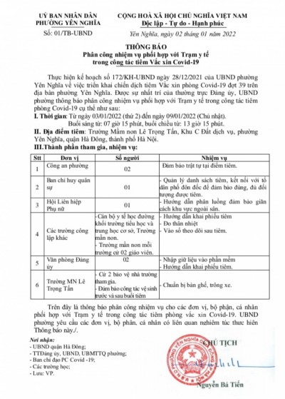 Thông báo về việc phối hợp hỗ trợ tiêm chủng tại trạm y tế lưu động trường MN Lê Trọng Tấn.